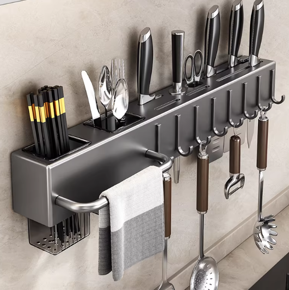 不锈钢刀架壁挂免打孔厨房多功能菜刀置物架刀具筷子筒一体收纳架